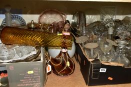 FOUR BOXES AND LOOSE ASSORTED GLASSWARES, to include American glass tea cups, saucers and tray,