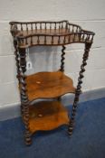 A VICTORIAN ROSEWOOD THREE TIER WHAT NOT, wavy design, spindled gallery, each tier joined by