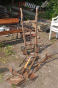 A VINTAGE SLINGSBY RAILWAY PORTERS SACK TRUCK along with a quantity of garden tools (10)