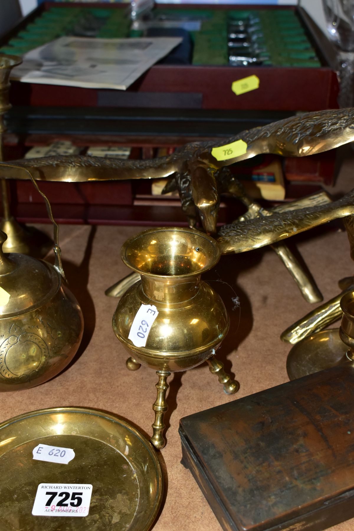 METALWARES AND GAMES BOX to include two brass eagles perched on branches, tallest approximate - Image 5 of 9