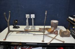A COLLECTION OF VINTAGE METALWARE including a Smelting pot, ladles and grips, two cast aluminium
