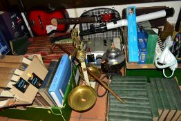 FOUR BOXES AND LOOSE BOOKS, MISCELLANEOUS ETC, to include a Greek set of balance scales, an oil on