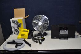 A SONY HCD-FX350I HI FI with iPod dock and matching speakers, a Challenge Desk fan and a Karcher