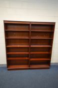 A PAIR OF BERESFORD AND HICKS MAHOGANY OPEN BOOKCASES, each with five adjustable shelves, width 91cm