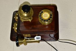 A REPRODUCTION SIEMENS BROTHERS WALL MOUNTED TELEPHONE, wooden body with brass and bakelite