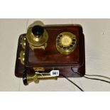 A REPRODUCTION SIEMENS BROTHERS WALL MOUNTED TELEPHONE, wooden body with brass and bakelite