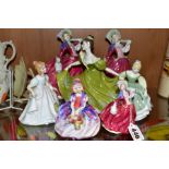 SEVEN ROYAL DOULTON LADY FIGURES, comprising 'Monica' HN1467 (chipped flowers and scratches to