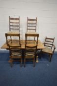 AN REPRODUCTION OAK REFECTORY TABLE, length 150cm x depth 82cm x height 72cm and five ladderback