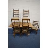 AN REPRODUCTION OAK REFECTORY TABLE, length 150cm x depth 82cm x height 72cm and five ladderback