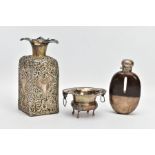 A SELECTION OF SILVER AND WHITE METAL ITEMS, to include an AF glass and silver lined decanter,