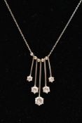 A WHITE METAL CUBIC ZIRCONIA PENDANT NECKLET, the pendant designed with five plain polished bars