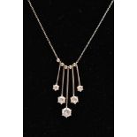 A WHITE METAL CUBIC ZIRCONIA PENDANT NECKLET, the pendant designed with five plain polished bars