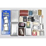 A BOX OF LIGHTERS AND CIGARETTE CASES, to include twenty lighters in total with brands such as '