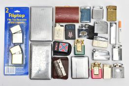 A BOX OF LIGHTERS AND CIGARETTE CASES, to include twenty lighters in total with brands such as '