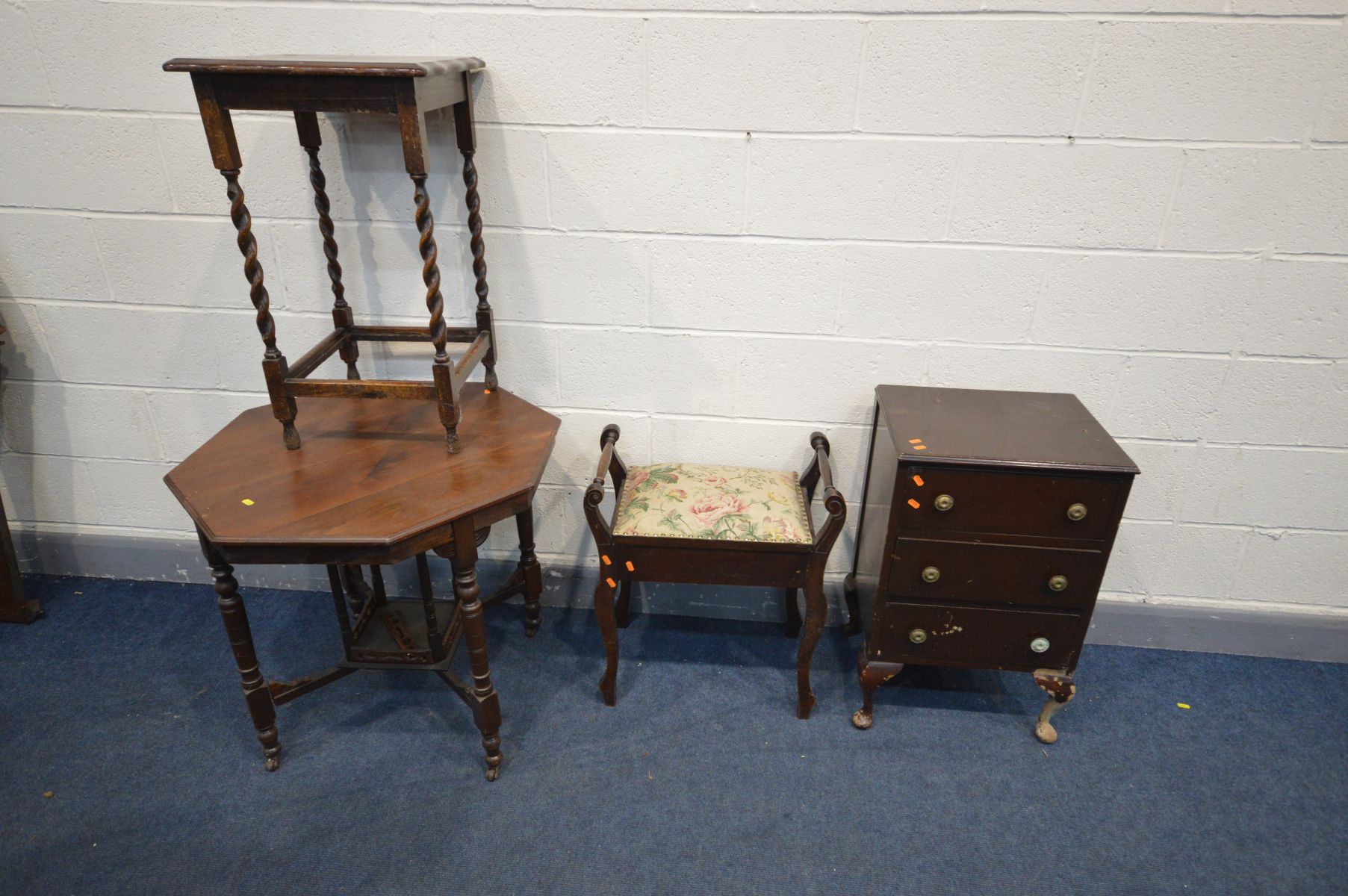 AN EDWARDIAN WALNUT OCTAGONAL CENTRE TABLE, an Edwardian piano stool, oak occasional table and a