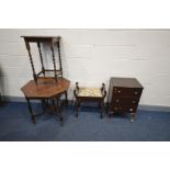 AN EDWARDIAN WALNUT OCTAGONAL CENTRE TABLE, an Edwardian piano stool, oak occasional table and a