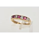 A 9CT GOLD HALF ETERNITY RING, designed with a row of channel set square cut rubies interspaced with