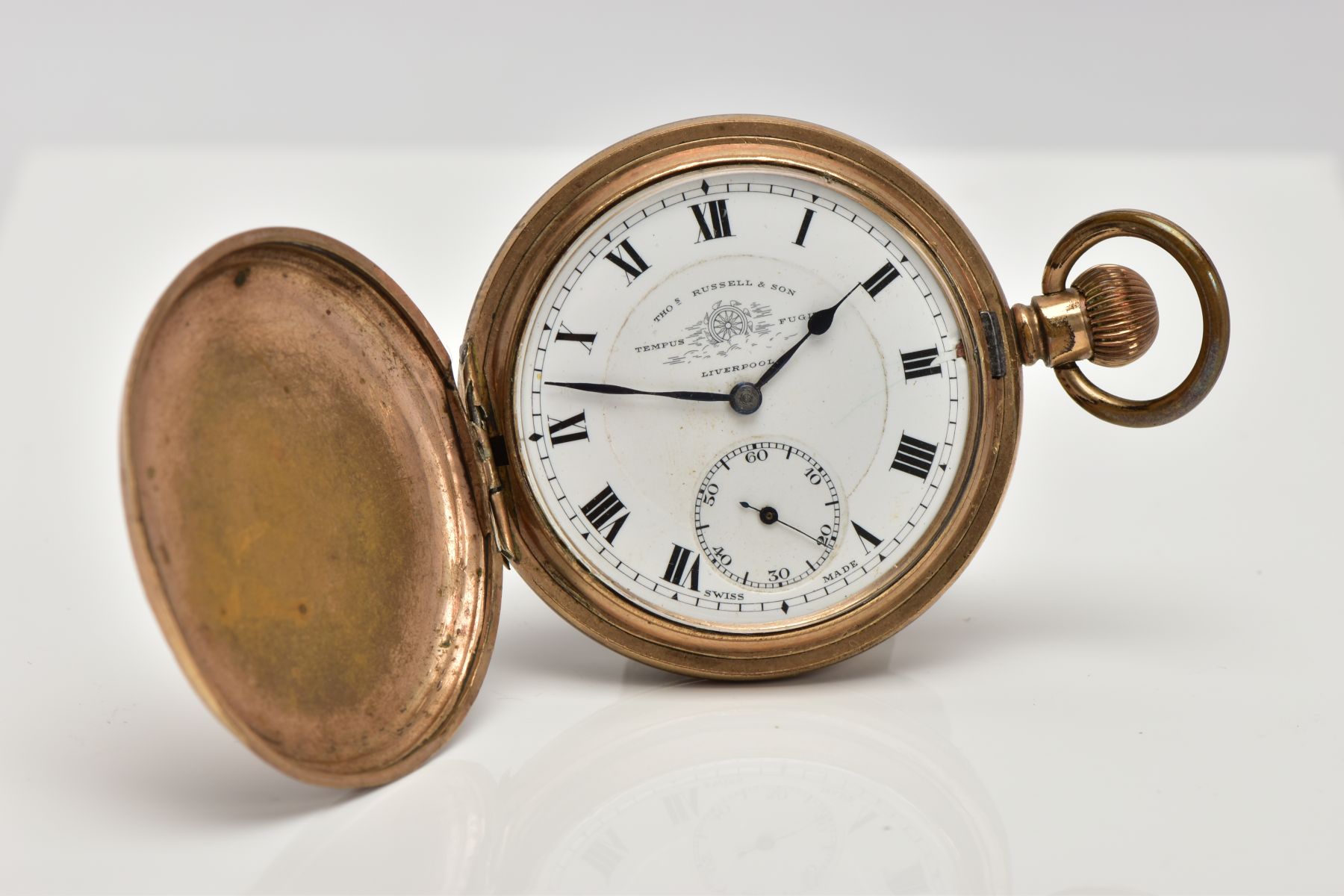 A GOLD-PLATED FULL HUNTER POCKET WATCH, white dial signed 'Thomas Russell & Son, Liverpool', Roman