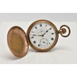 A GOLD-PLATED FULL HUNTER POCKET WATCH, white dial signed 'Thomas Russell & Son, Liverpool', Roman