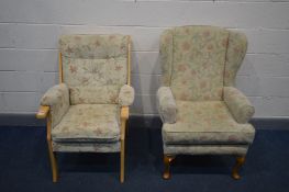 AN UPHOLSTERED WING BACK ARMCHAIR, and a similar beech framed armchair (2)