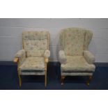 AN UPHOLSTERED WING BACK ARMCHAIR, and a similar beech framed armchair (2)