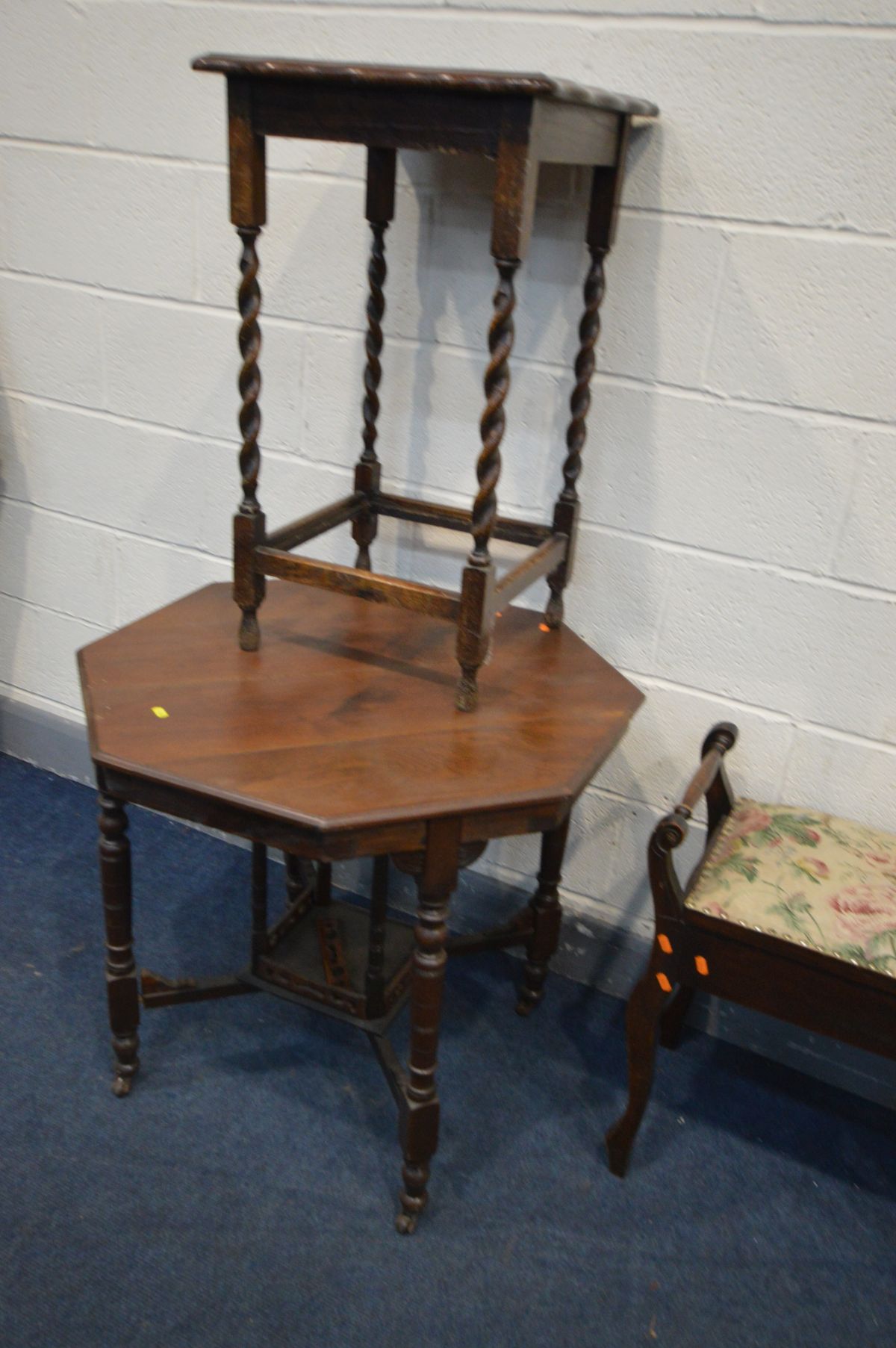 AN EDWARDIAN WALNUT OCTAGONAL CENTRE TABLE, an Edwardian piano stool, oak occasional table and a - Image 2 of 3