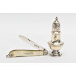 A SILVER PEPPERETTE AND A SILVER MOTHER OF PEARL FRUIT KNIFE, the pepperette of a baluster form,