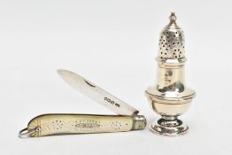 A SILVER PEPPERETTE AND A SILVER MOTHER OF PEARL FRUIT KNIFE, the pepperette of a baluster form,