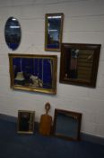 SIX VARIOUS MIRRORS OF VARIOUS AGES, STYLES AND MATERIALS, to include a giltwood bevelled edge