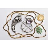 A SELECTION OF JEWELLERY, to include a silver gilt gem set pendant necklace, the pendant of an