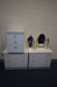 A PAIR OF WHITE FRENCH STYLE CHEST OF THREE DRAWERS, a three drawer bedside cabinet and a triple