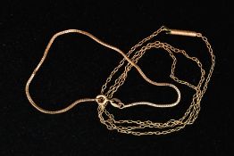 A YELLOW METAL CHAIN AND BRACELET, a yellow metal fine link chain fitted with a yellow metal push