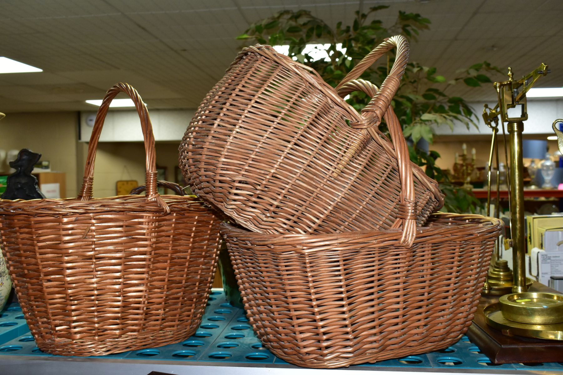 A GROUP OF COPPER, BRASS, WICKER BASKETS, ETC, including a set of balance scales on a mahogany - Image 11 of 11