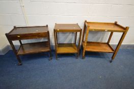 TWO OAK TWO TIER TEA TROLLEYS and a walnut tea trolley (condition - one trolley missing drawer) (3)