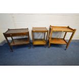 TWO OAK TWO TIER TEA TROLLEYS and a walnut tea trolley (condition - one trolley missing drawer) (3)