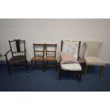 FIVE VARIOUS CHAIRS, to include a modern oatmeal upholstered chair, a beech open rocking chair,