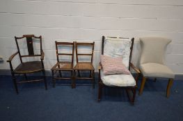 FIVE VARIOUS CHAIRS, to include a modern oatmeal upholstered chair, a beech open rocking chair,