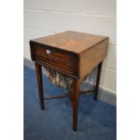 A GEORGIAN MAHOGANY WORK TABLE, with drop leaves, two drawers and fabric basket, on square tapered