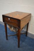 A GEORGIAN MAHOGANY WORK TABLE, with drop leaves, two drawers and fabric basket, on square tapered