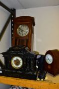 A LATE VICTORIAN BLACK SLATE AND MARBLE MANTLE CLOCK, TWO OTHER CLOCKS AND TWO PAIRS OF