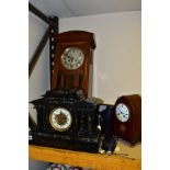 A LATE VICTORIAN BLACK SLATE AND MARBLE MANTLE CLOCK, TWO OTHER CLOCKS AND TWO PAIRS OF