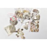 A BOX CONTAINING A SMALL AMOUNT OF WORLD COINS to include a parcel of silver .925 to .400 crowns and