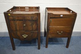 A GEORGIAN MAHOGANY TRAY TOP COMMODE, with single door and two drawers, width 56cm x depth 48cm x