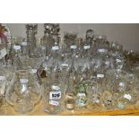 A QUANTITY OF GLASSWARE, including a set of six Royal Brierley sherry glasses with etched floral