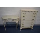 A FRENCH CREAM TWO PIECE BEDROOM SUITE, comprising a tall chest of six drawers, width 74cm x depth