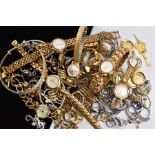 A 9CT GOLD LADIES WRISTWATCH WITH A BAG OF ASSORTED COSTUME JEWELLERY, the wristwatch with a round