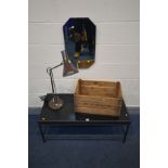 A BLACK METAL COFFEE TABLE, angle poise style desk lamp, wooden fruit crate and a canted bevel edged