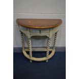 A PARTIALLY PAINTED AND FRUITWOOD TOPPED DROP END SIDE TABLE, with a single drawer, on barley