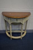 A PARTIALLY PAINTED AND FRUITWOOD TOPPED DROP END SIDE TABLE, with a single drawer, on barley