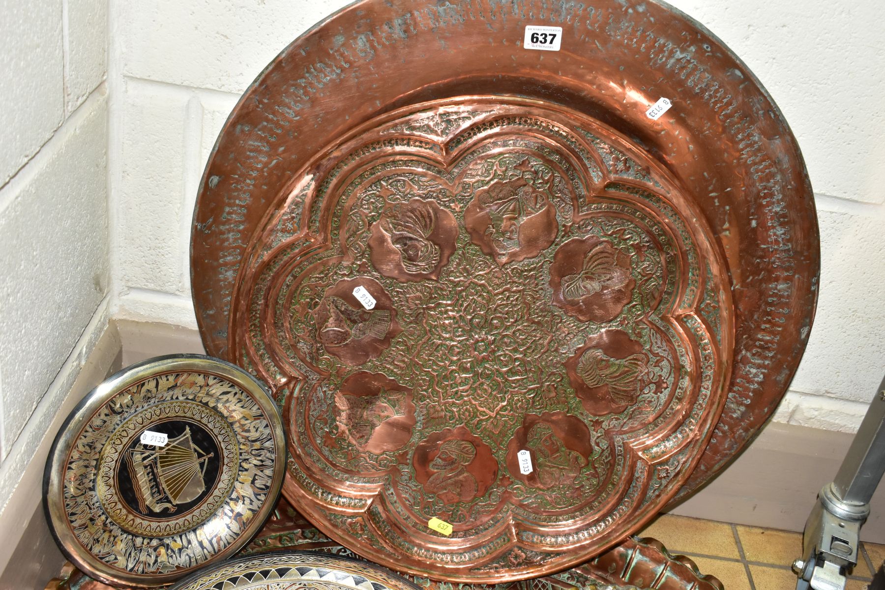 A COLLECTION OF SEVEN INDIAN/MIDDLE EASTERN METAL PLATTERS, CHARGERS AND TRAYS, all either - Image 6 of 7